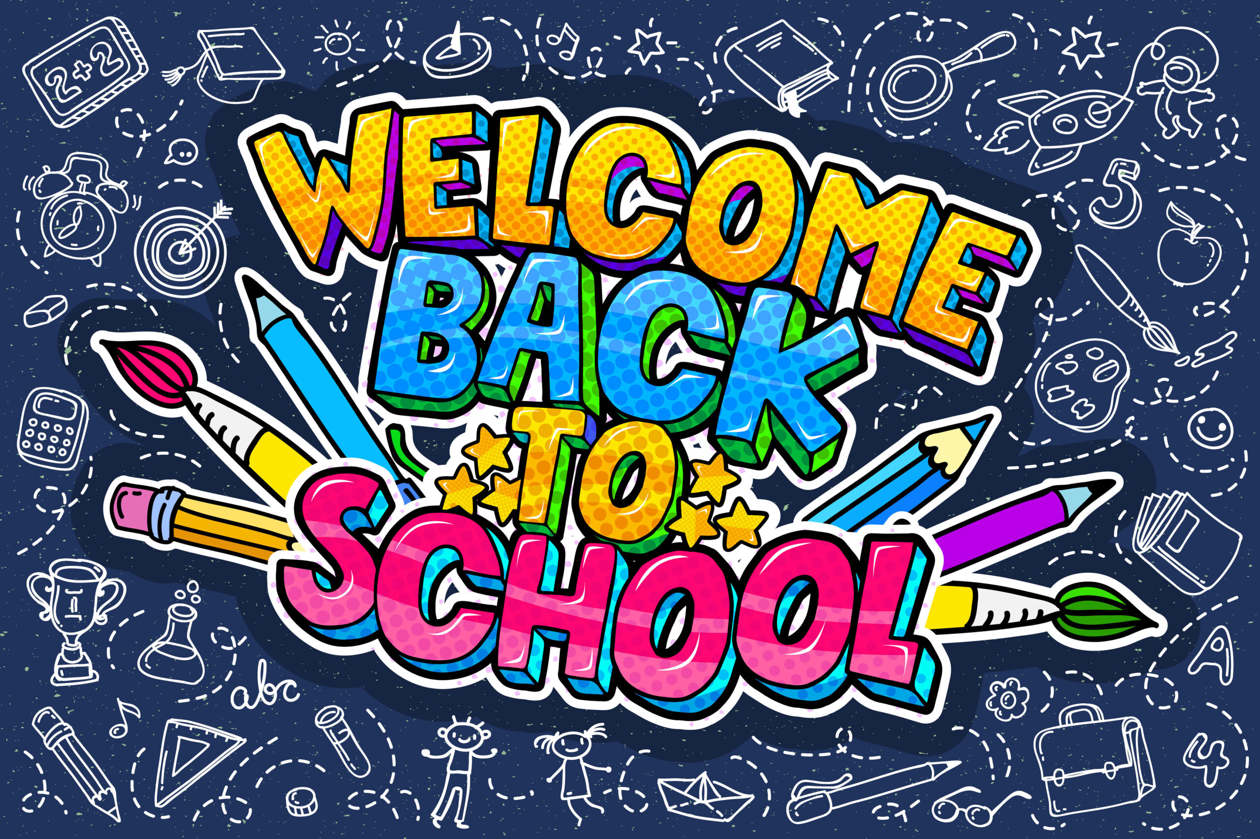 Concept of education. School background with hand drawn school supplies and comic speech bubble with Welcome Back to School lettering in pop art style on blue blackboard.