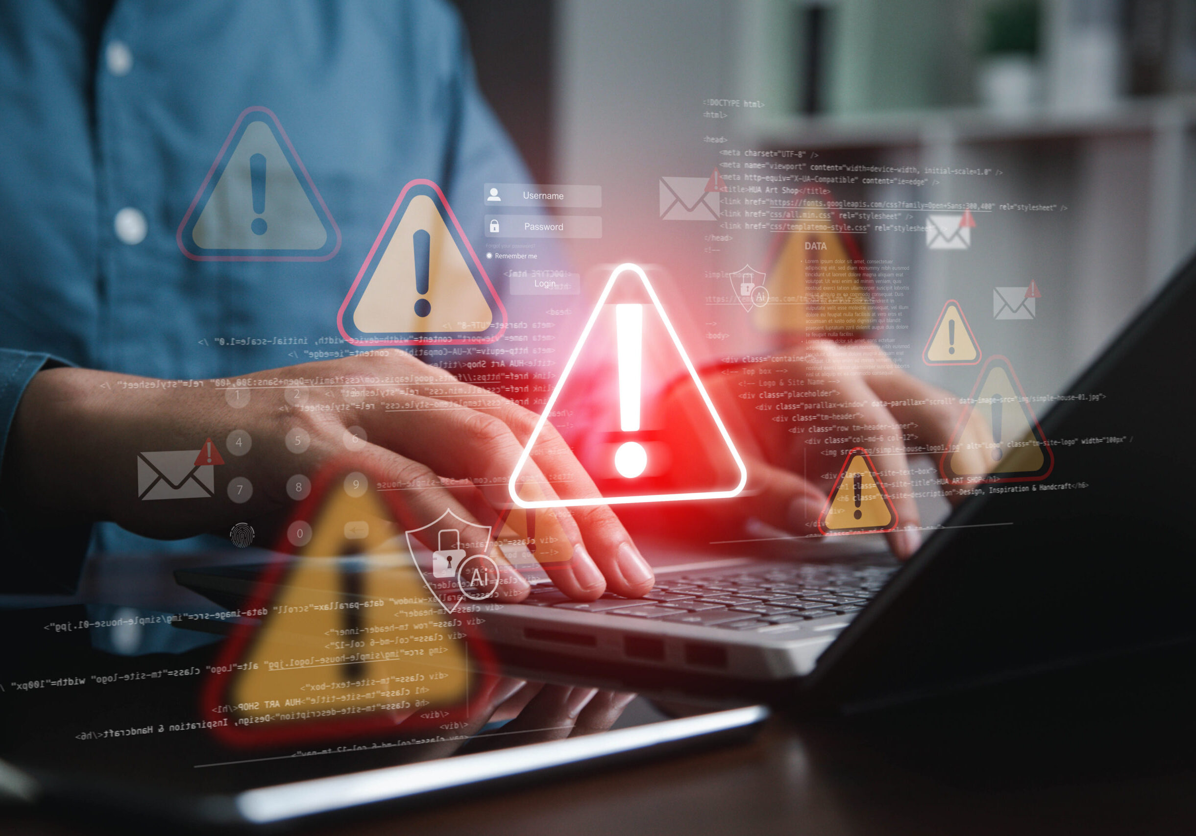 Cyber security risk concept, system alert on interface, hacking, IT system breach, AI-powered security alert.