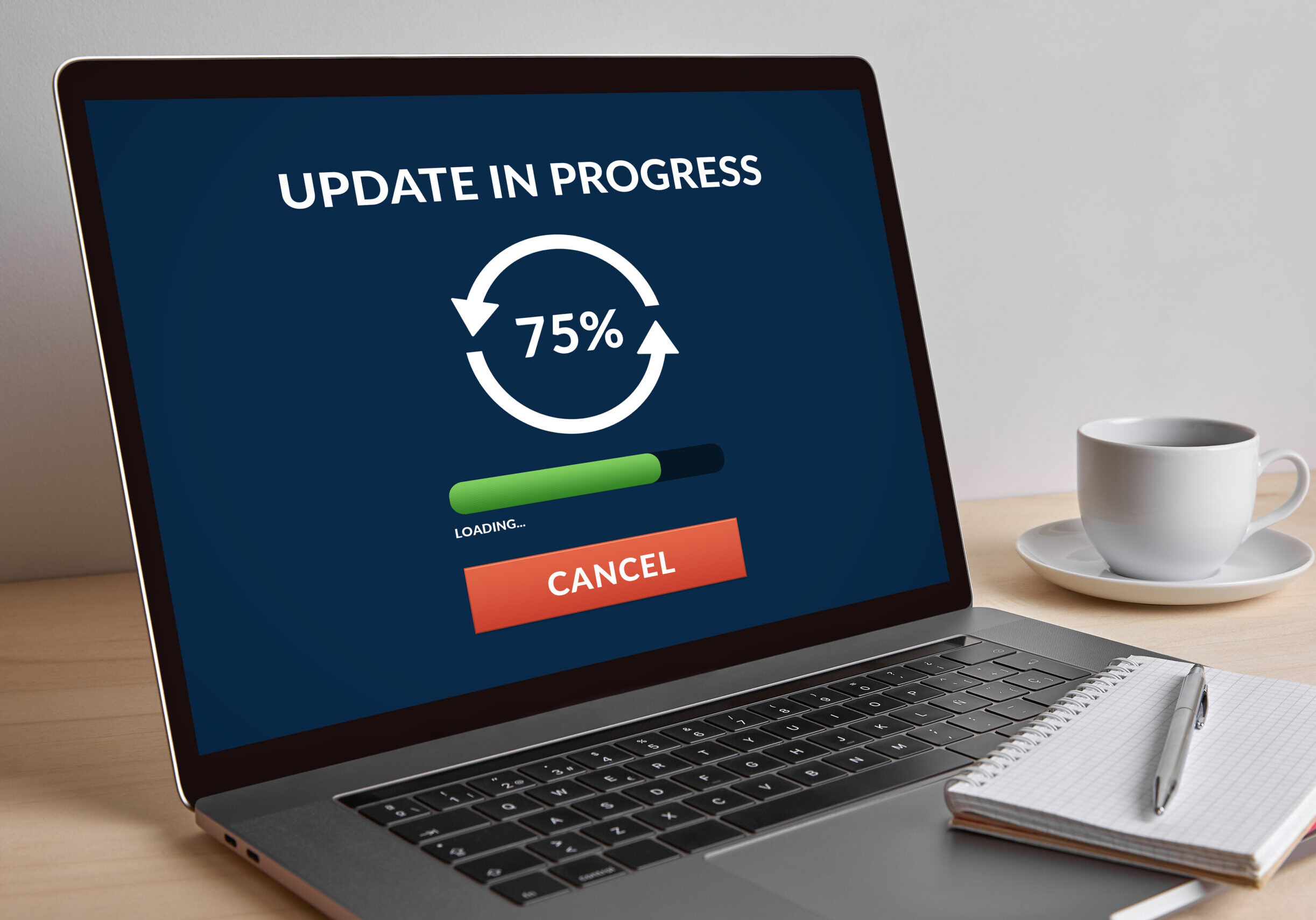 Update concept on modern laptop computer screen on wooden table. All screen content is designed by me.